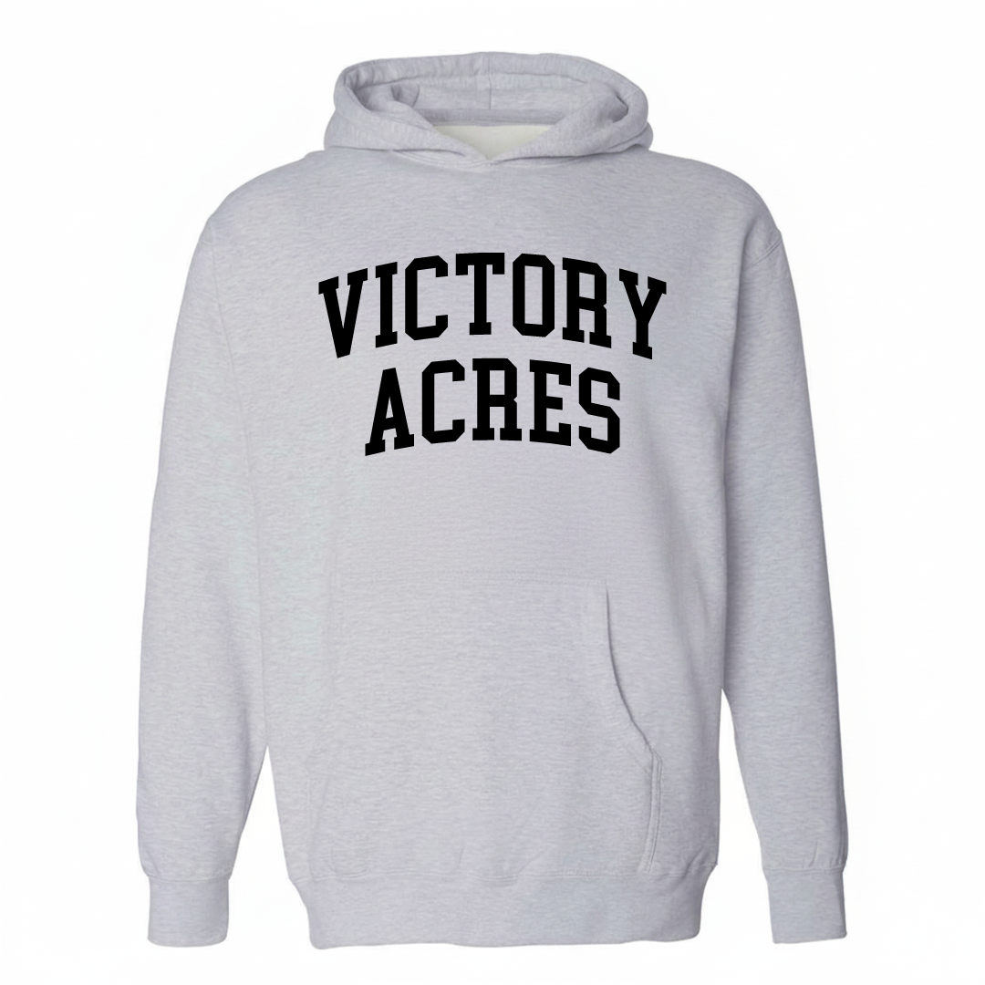 Heather-gray hoodie with the Victory Acres varsity arched lettering design on the chest.