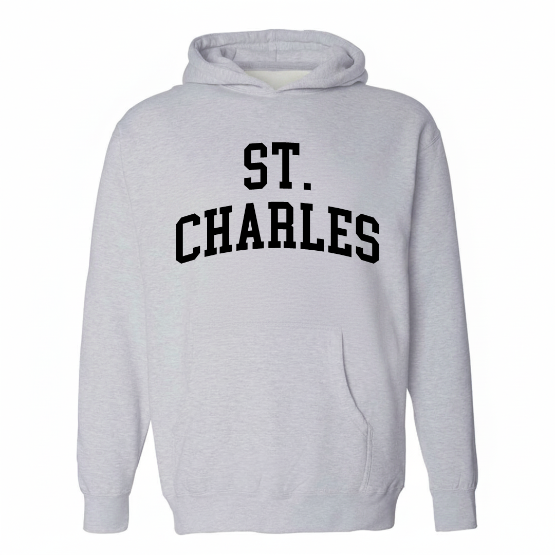 Heather-gray hoodie with the St. Charles arched varsity lettering design on the chest.