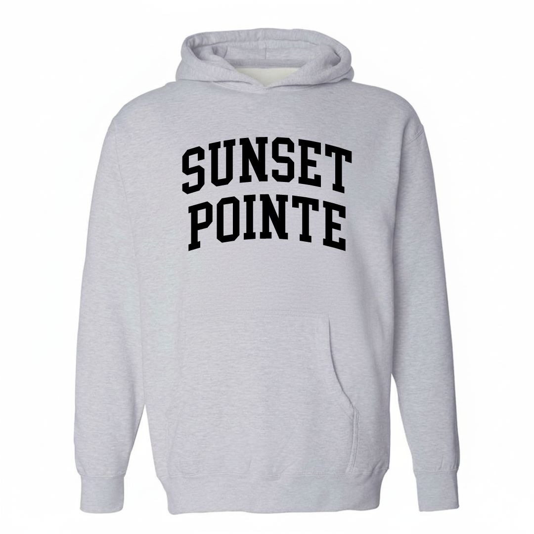 Heather-gray hoodie with the Sunset Pointe varsity arched lettering design on the chest.