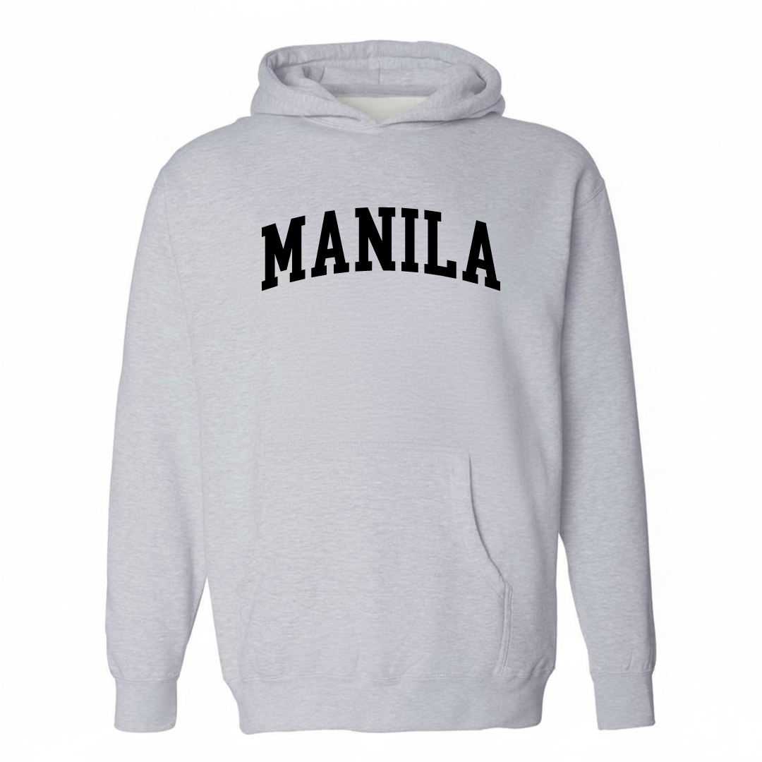 Heather-gray hoodie with the Manila, Arkansas varsity arched lettering design on the chest.