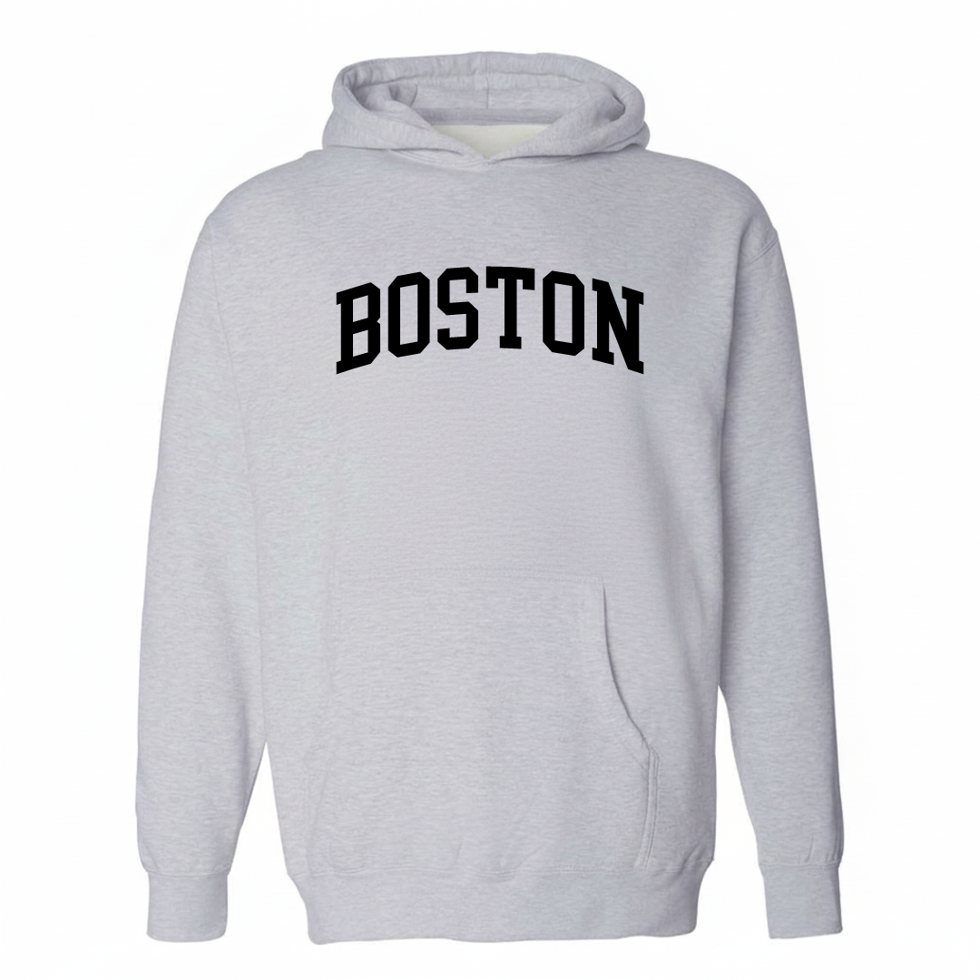 Heather-gray hoodie with the Boston, Georgia varsity arched lettering design on the chest.