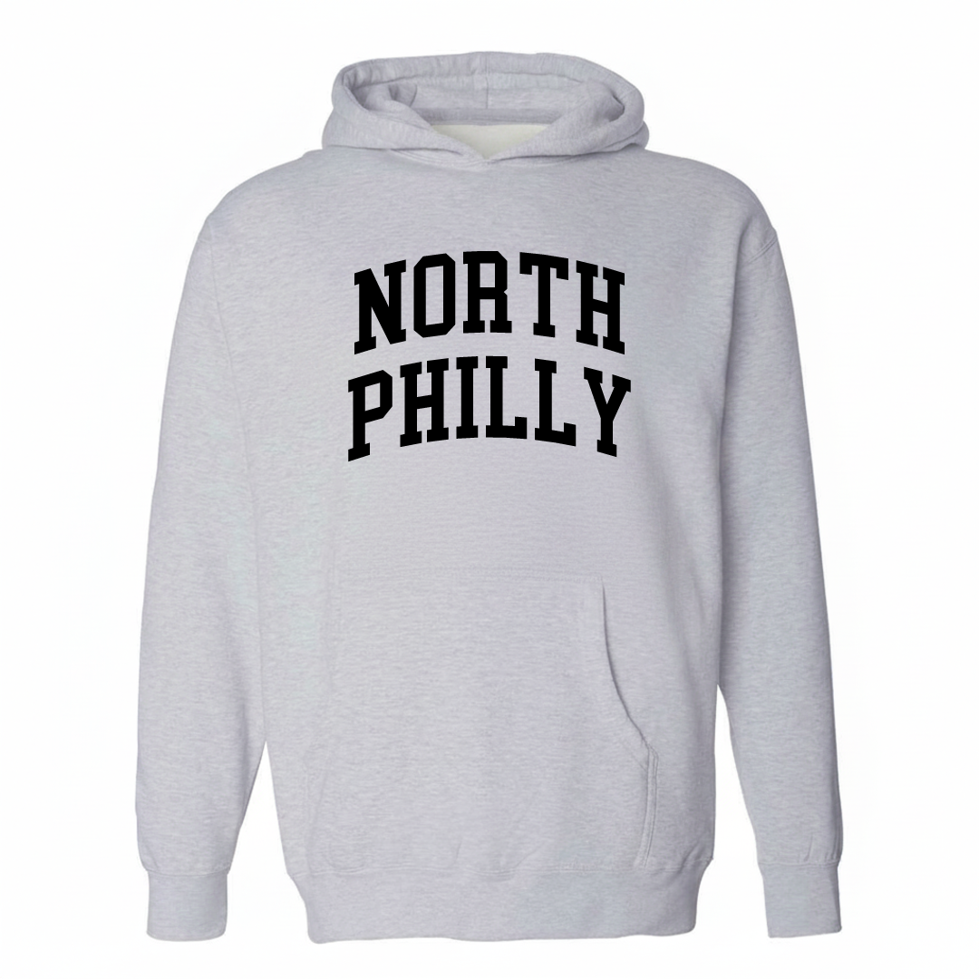 Heather-gray hoodie with the North Philly varsity arched lettering design on the chest.