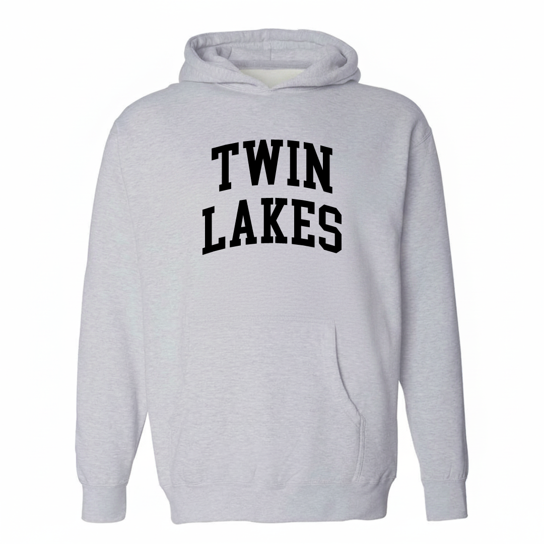 Heather-gray hoodie with the Twin Lakes arched lettering design on the chest.