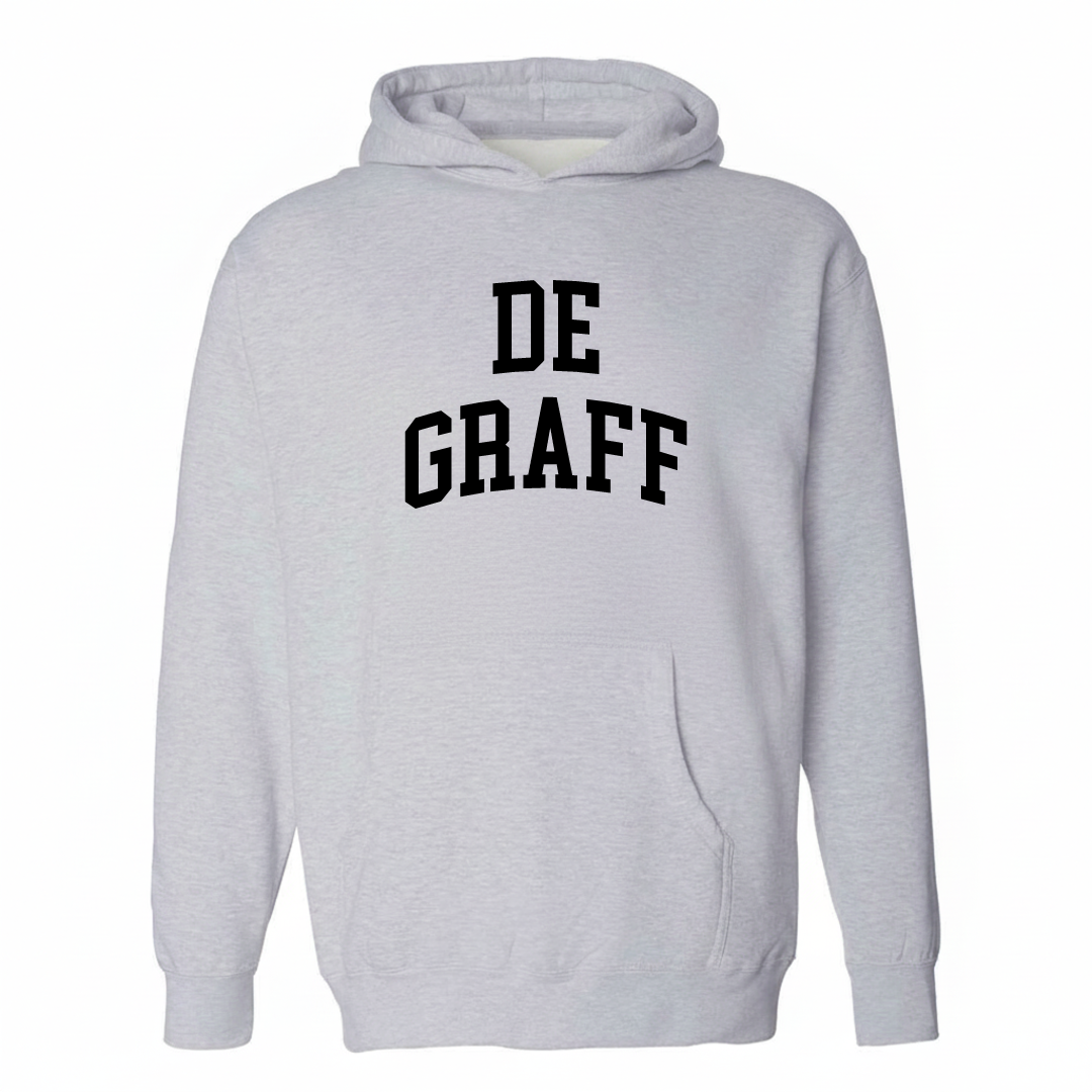 Heather-gray hoodie with the De Graff arched lettering varsity-collegiate design on the chest.