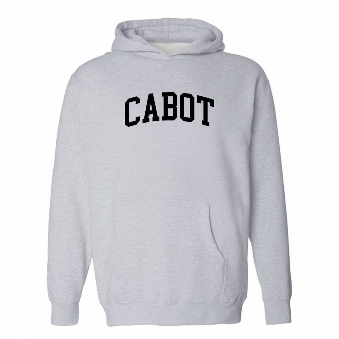 Heather-gray hoodie with the Cabot arched lettering varsity-collegiate design on the chest.