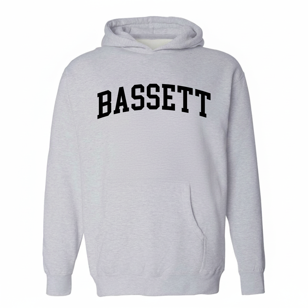 Heather-gray hoodie with the Bassett arched lettering varsity-collegiate design on the chest.