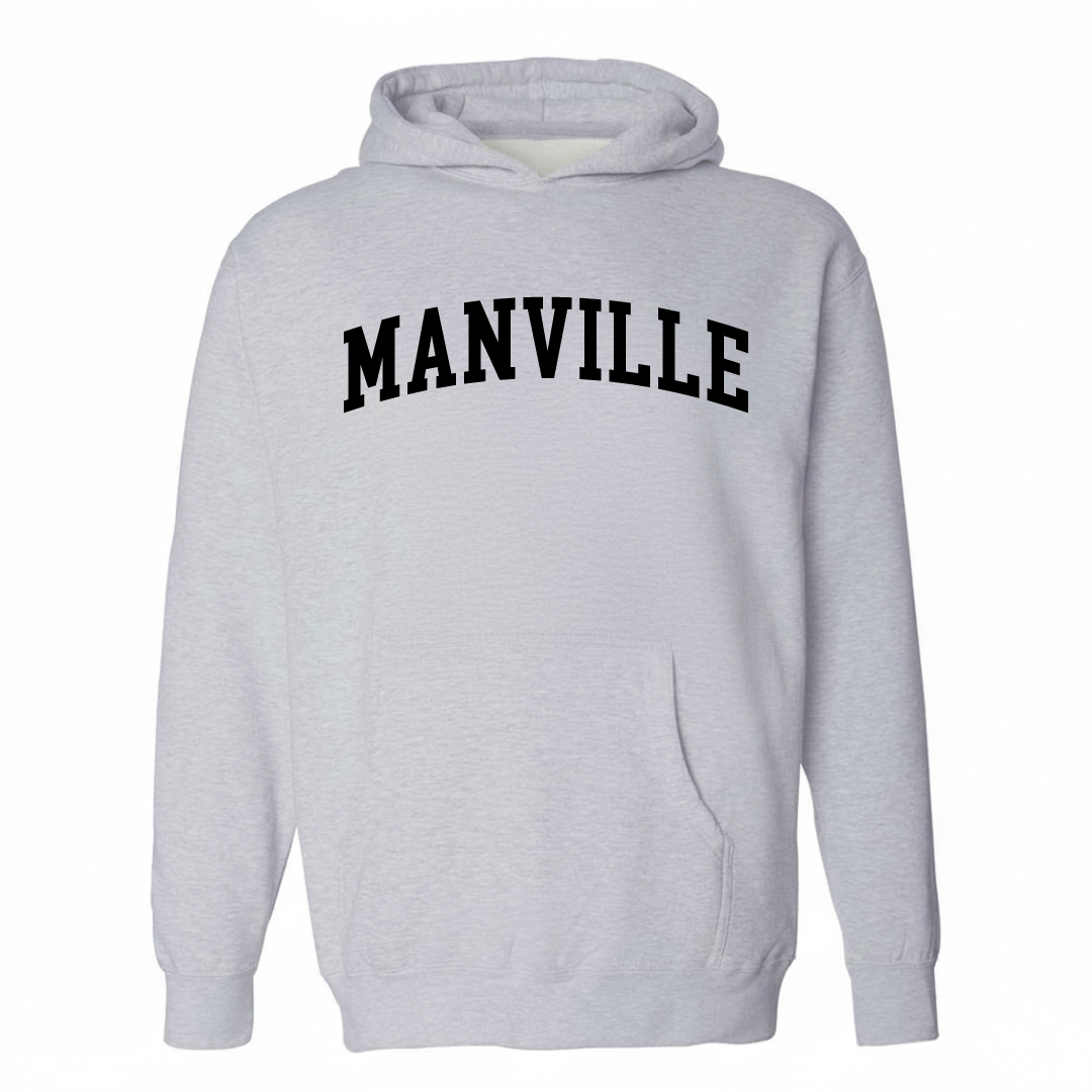Heather-gray hoodie with the Manville varsity arched lettering design on the chest.