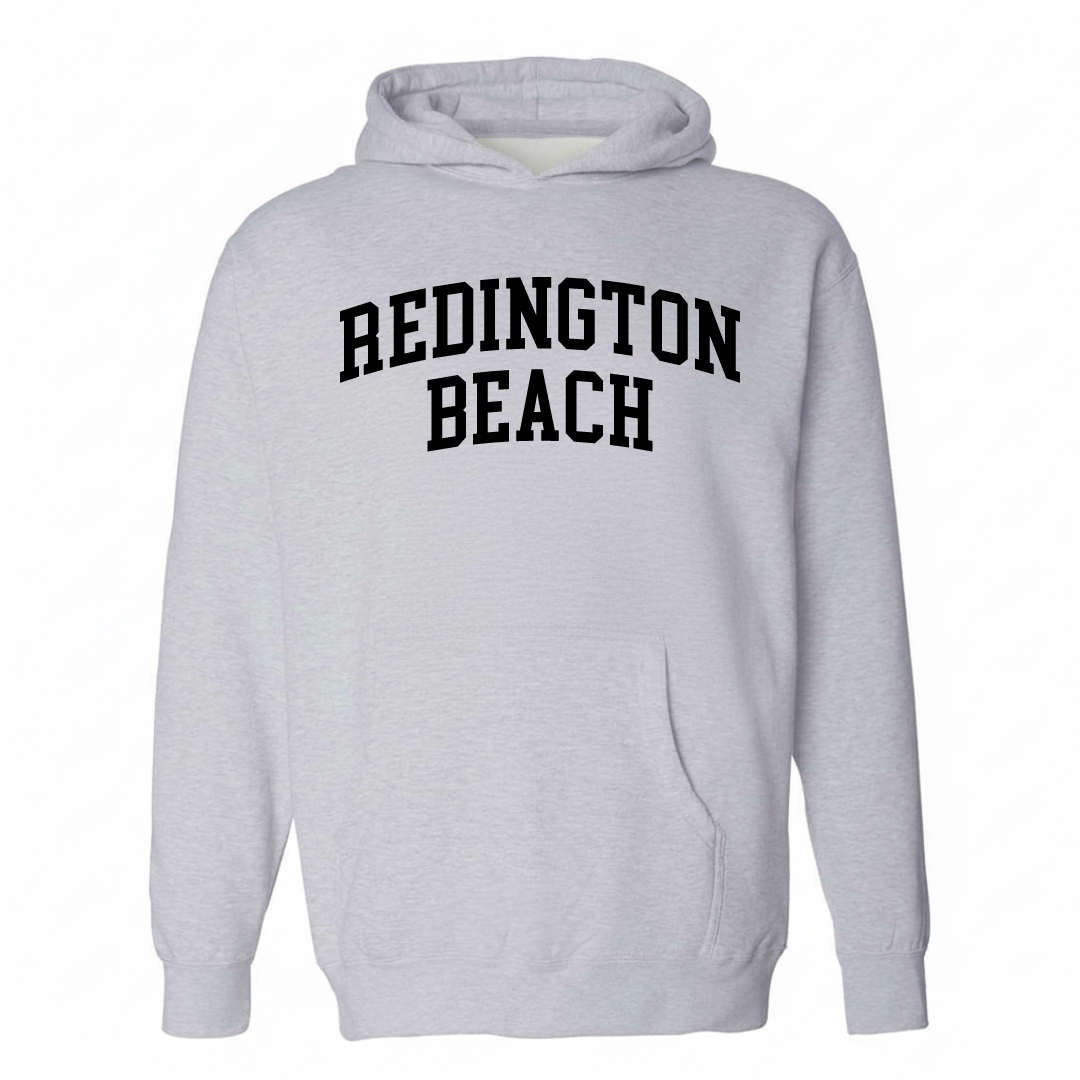 Heather-gray hoodie with the Redington Beach arched varsity lettering design on the chest.