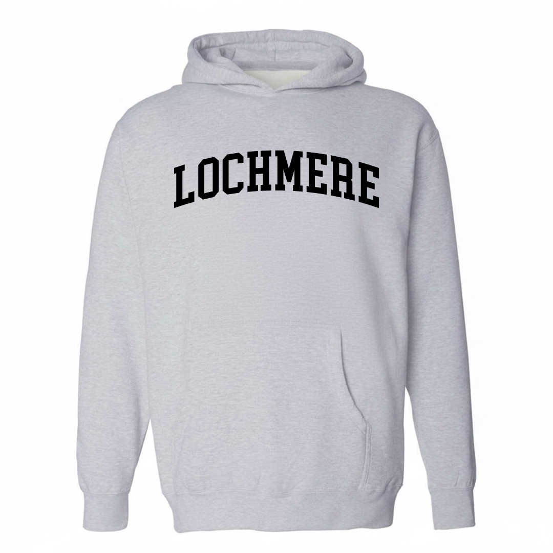 Heather-gray hoodie with the Lochmere varsity arched lettering design on the chest.