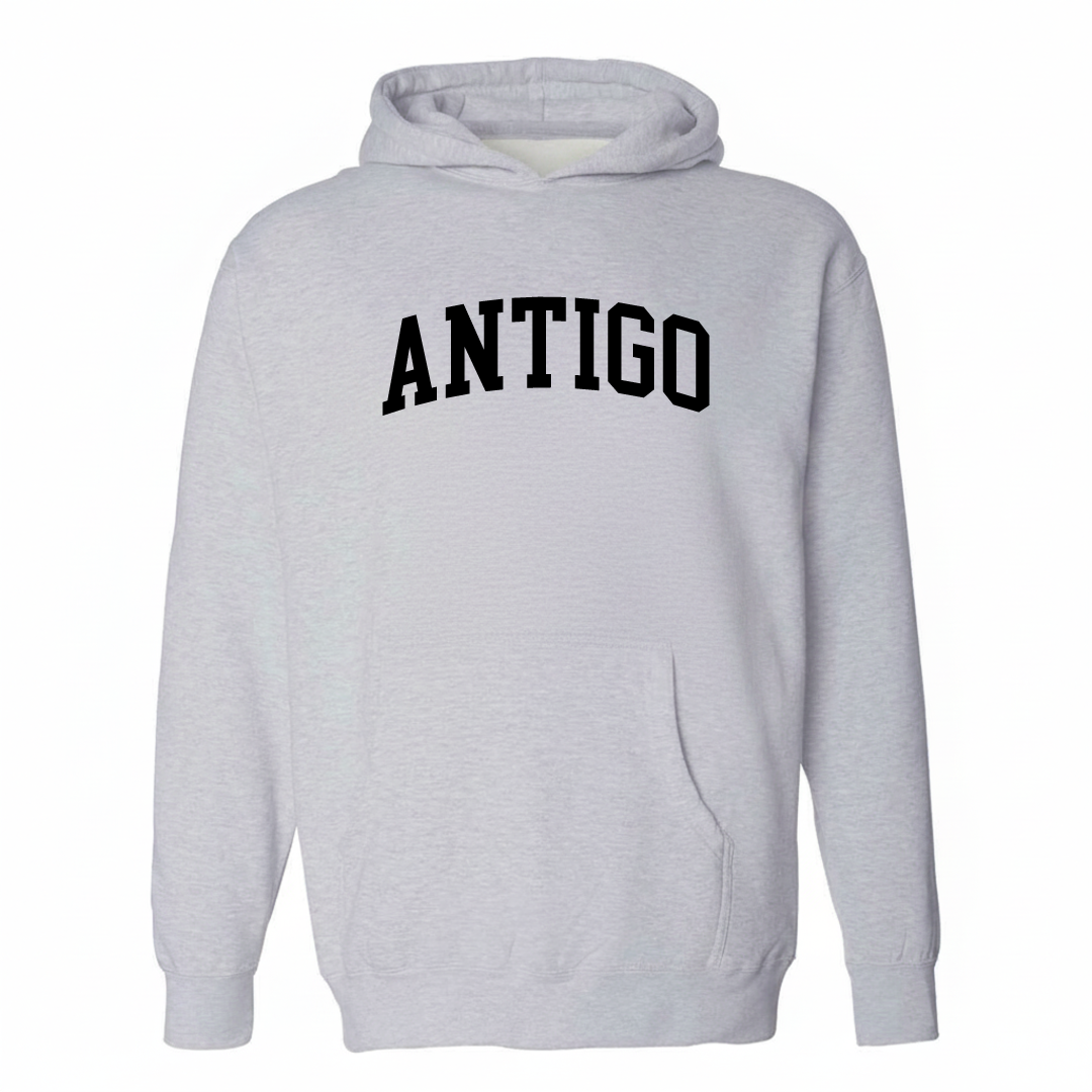 Heather-gray hoodie with the Antigo varsity arched lettering design on the chest.