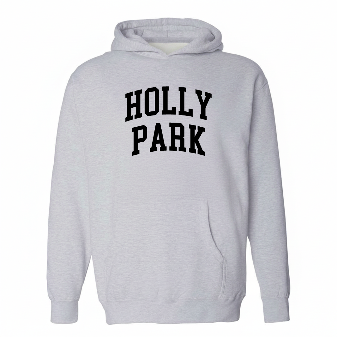 Heather-gray hoodie with the Holly Park arched lettering design on the chest.