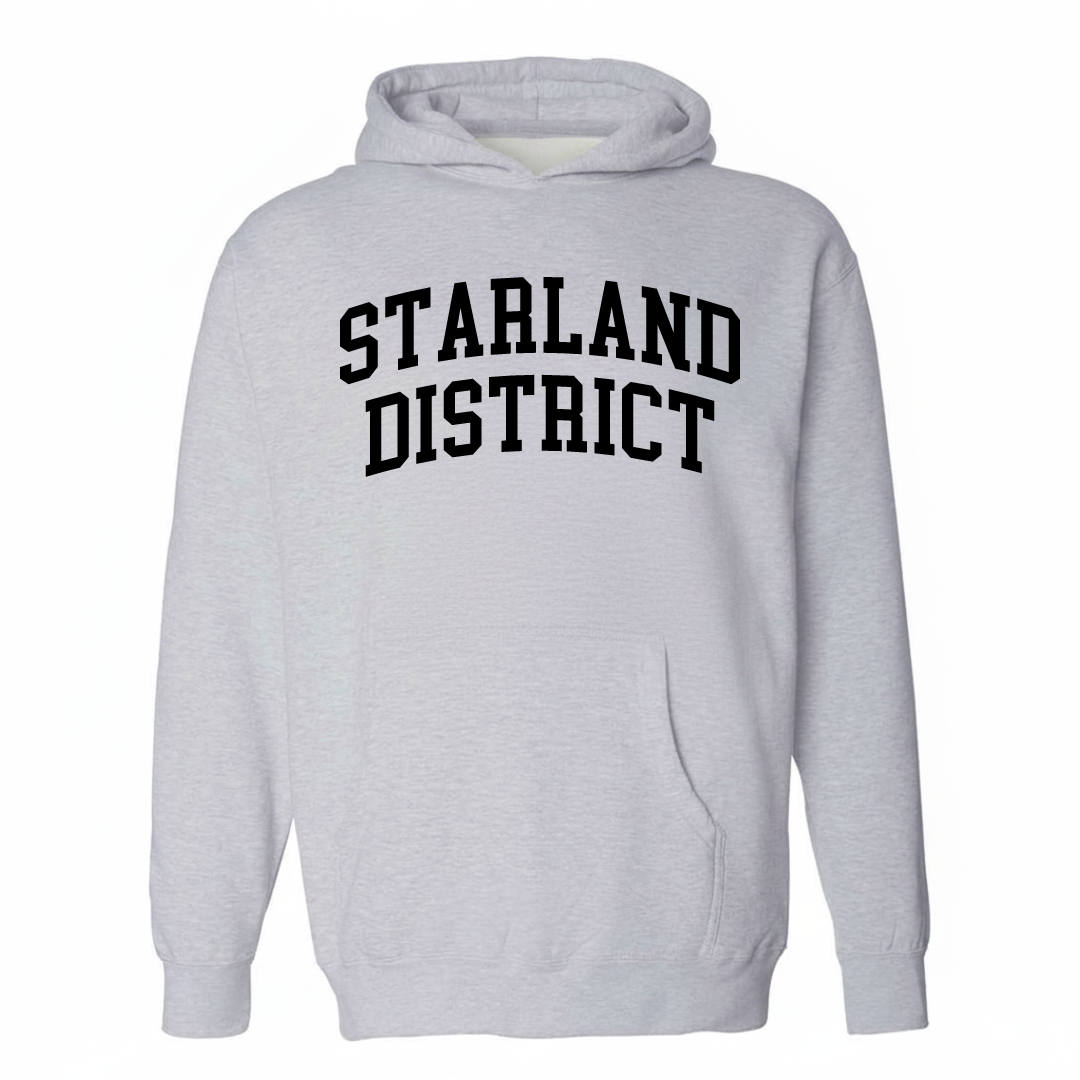 Heather-gray hoodie with the Starland District varsity arched lettering design on the chest.