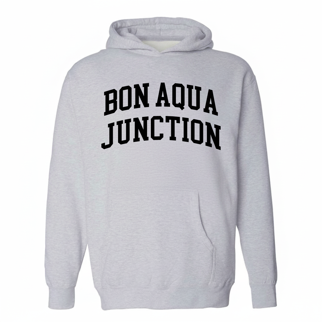 Heather-gray hoodie with the Bon Aqua Junction varsity arched lettering design on the chest.