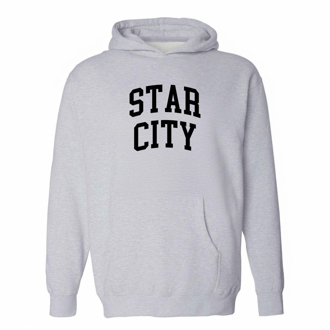Heather-gray hoodie with the Star City varsity arched lettering design on the chest.
