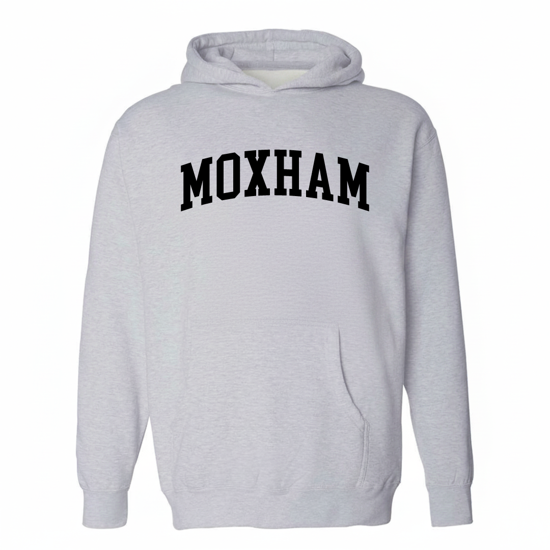 Heather-gray hoodie with the Moxham arched lettering varsity-collegiate design on the chest.