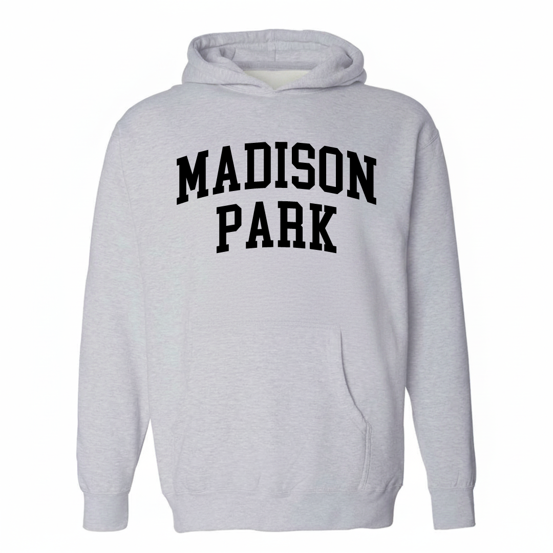 Heather-gray Madison Park Charlotte hoodie with varsity arched lettering on the chest