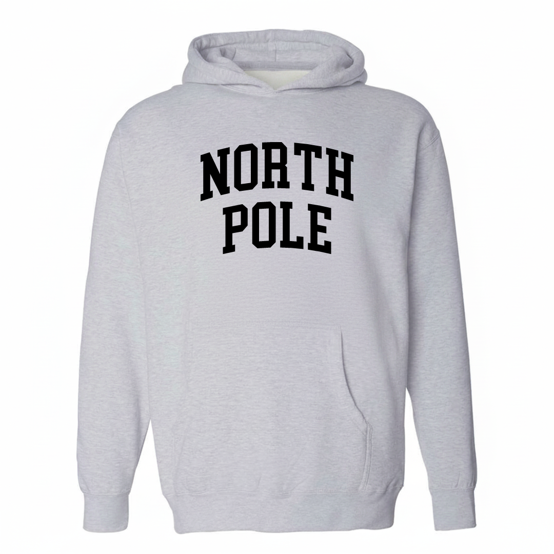 Heather-gray hoodie with the North Pole arched lettering varsity-collegiate design on the chest.
