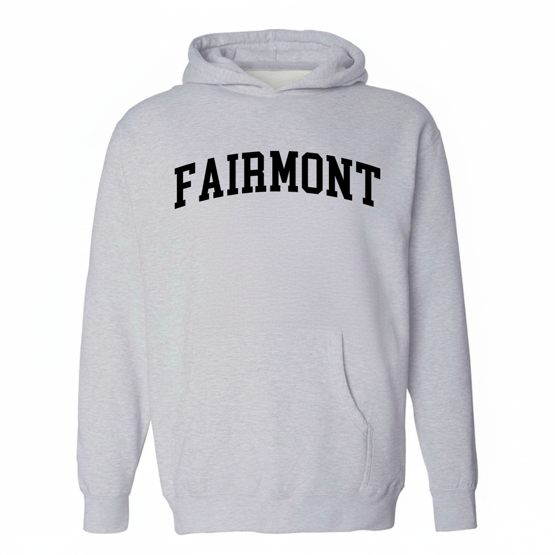 Heather-gray hoodie with the Fairmont arched lettering design on the chest.