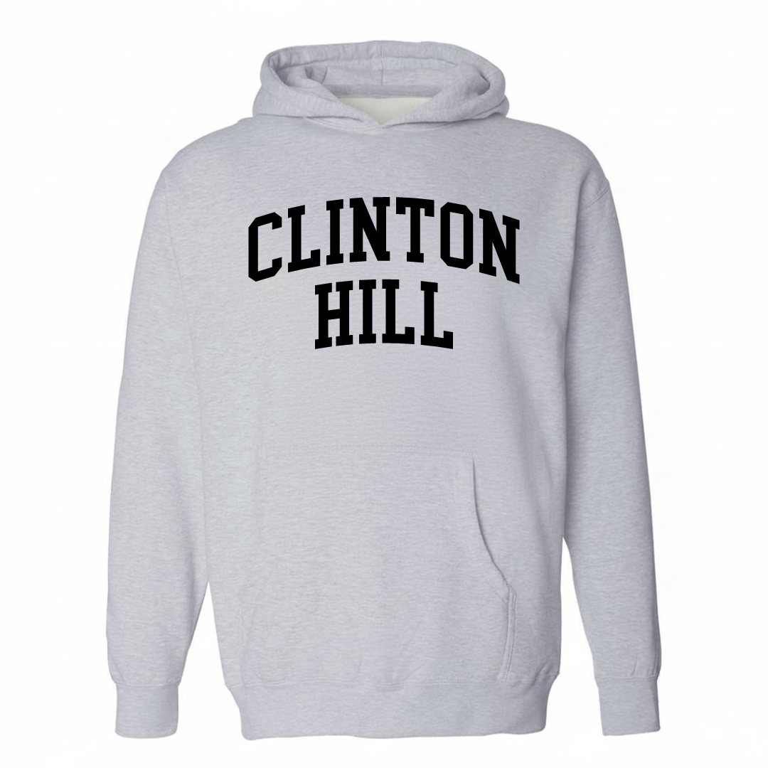 Heather-gray hoodie with the Clinton Hill varsity arched lettering design on the chest.