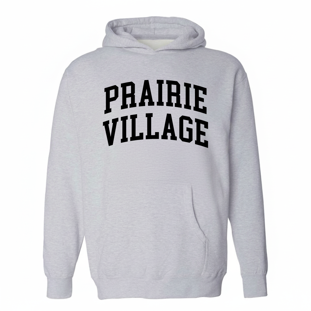 Heather-gray hoodie with the Prairie Village varsity arched lettering design on the chest.