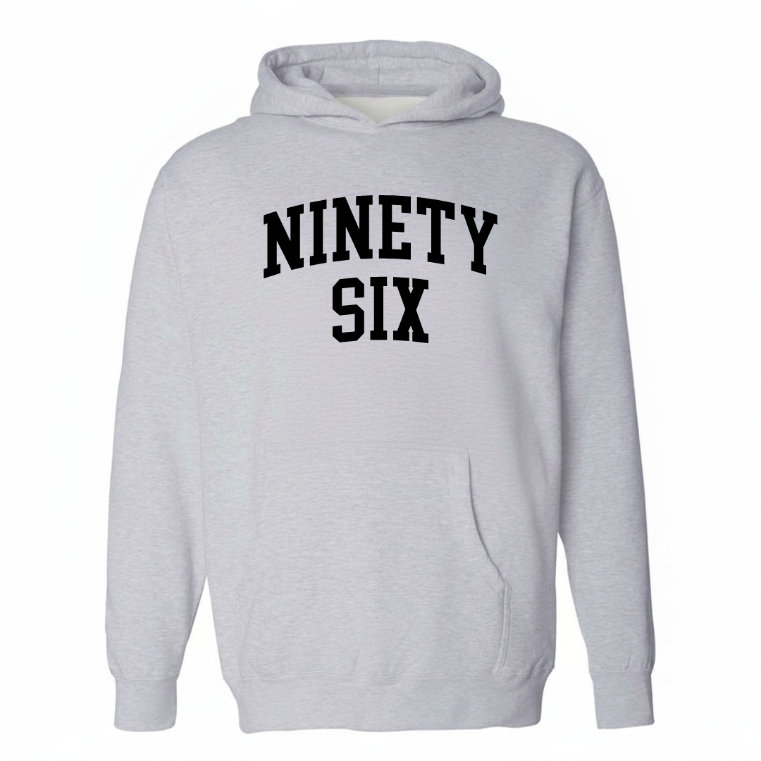 Heather-gray hoodie with the Ninety Six arched lettering design on the chest.
