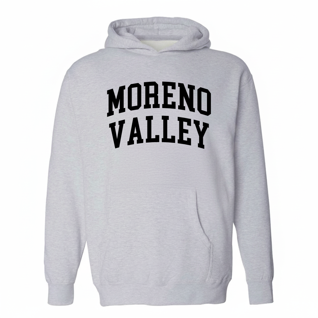 Heather-gray hoodie with the Moreno Valley varsity arched lettering design on the chest.