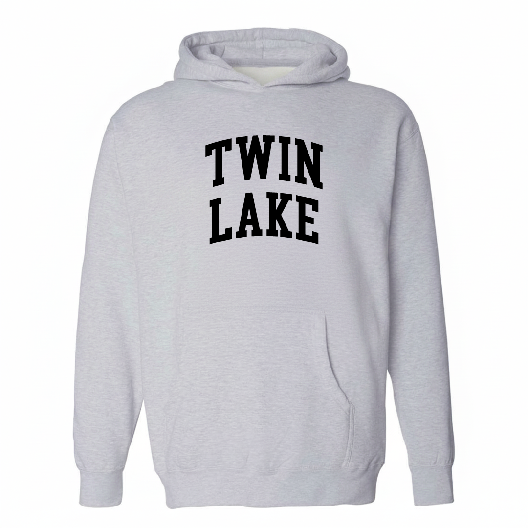 Heather-gray hoodie with the Twin Lake arched varsity lettering design on the chest.
