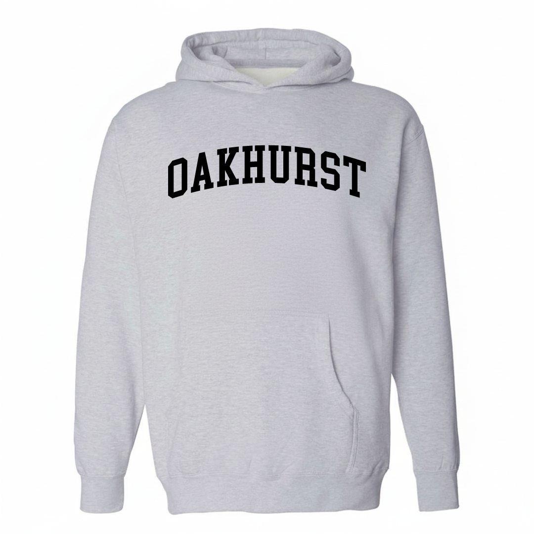 Heather-gray hoodie with the Oakhurst arched varsity lettering design on the chest.