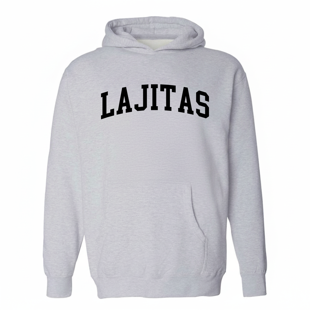 Heather-gray hoodie with the Lajitas varsity arched lettering design on the chest.
