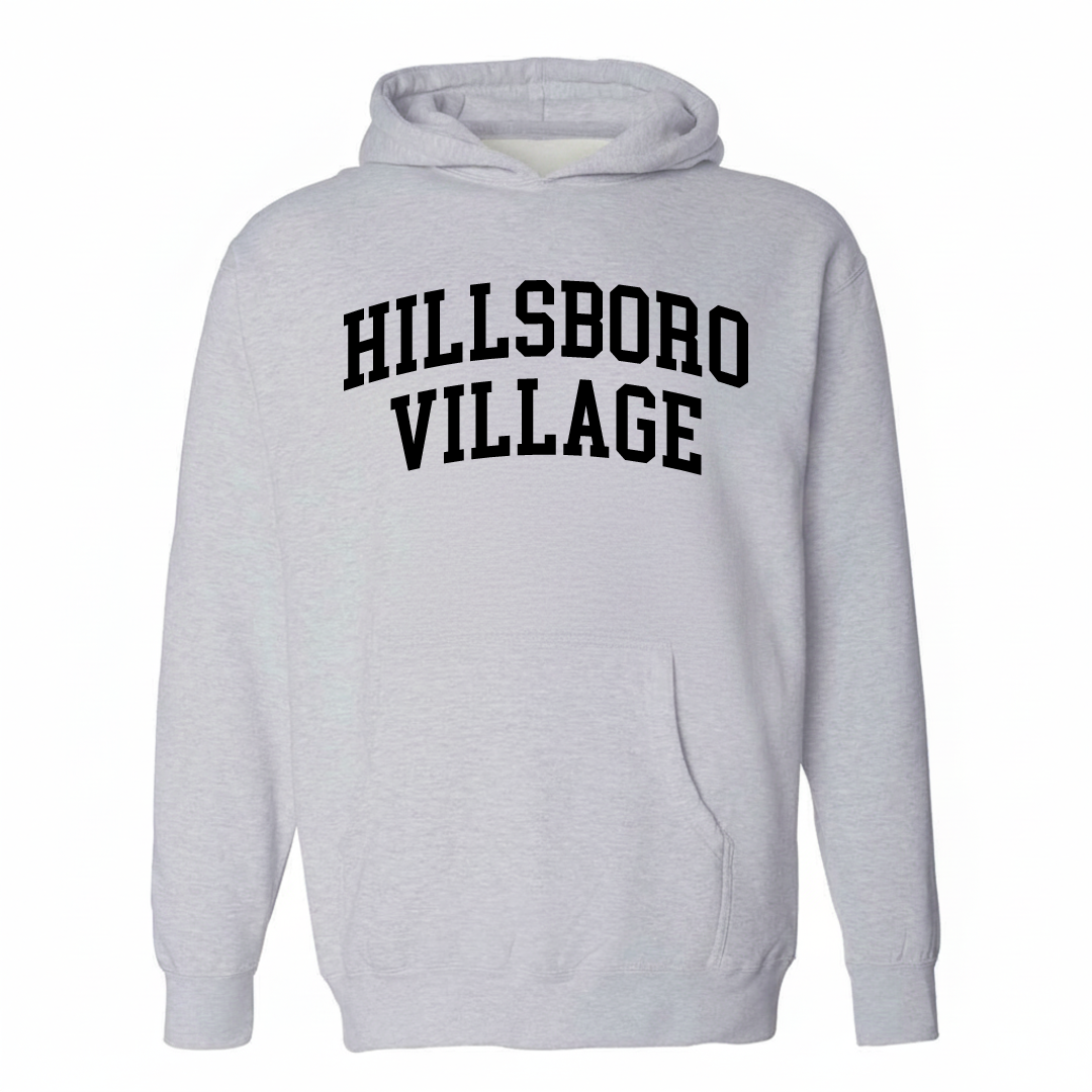 Heather-gray hoodie with the Hillsboro Village varsity arched lettering design on the chest.
