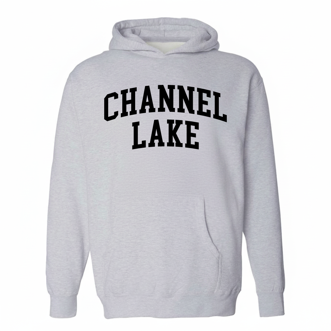 Heather-gray hoodie with the Channel Lake varsity arched lettering design on the chest.