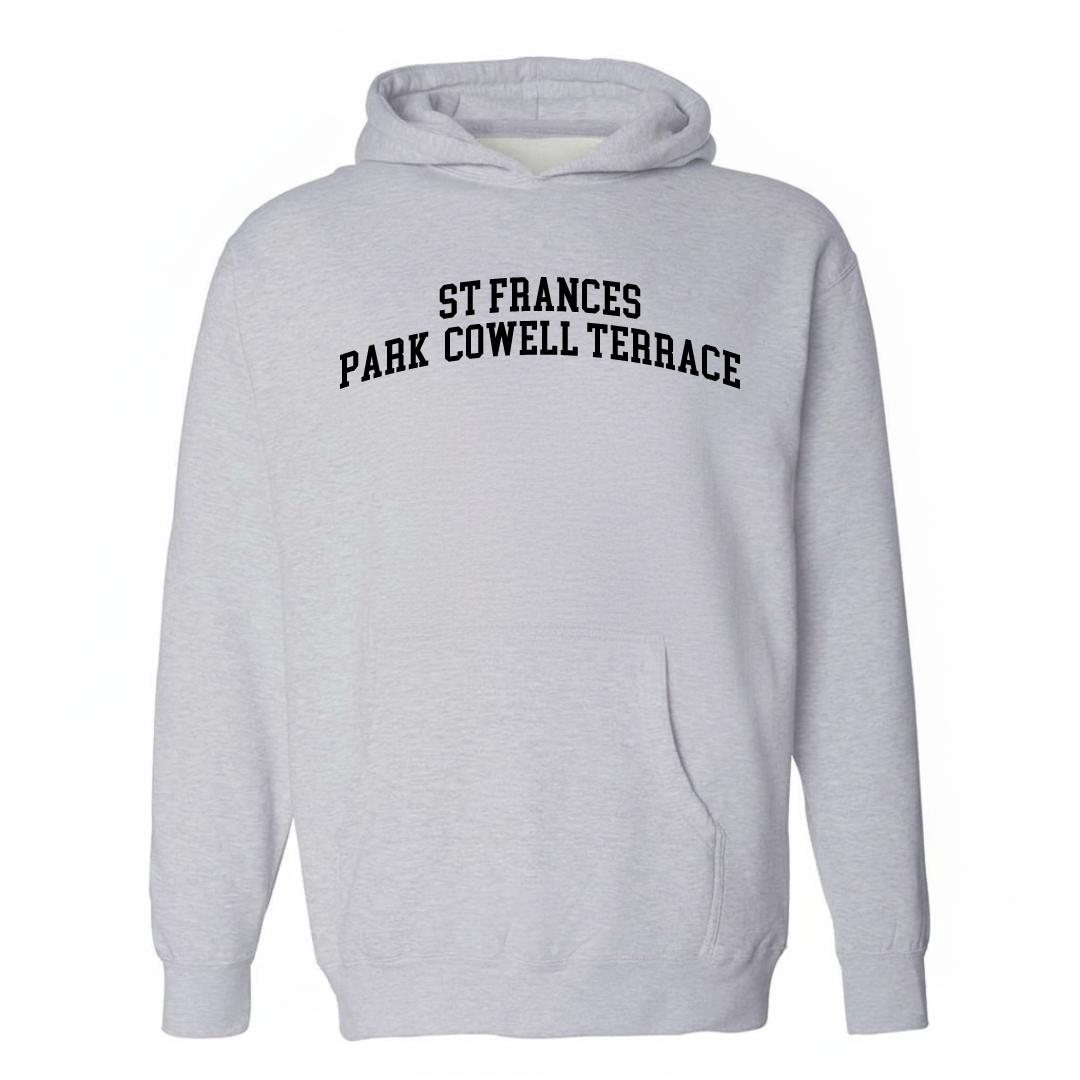 Heather-gray hoodie with the St Frances Park/Cowell Terrace arched lettering design on the chest.