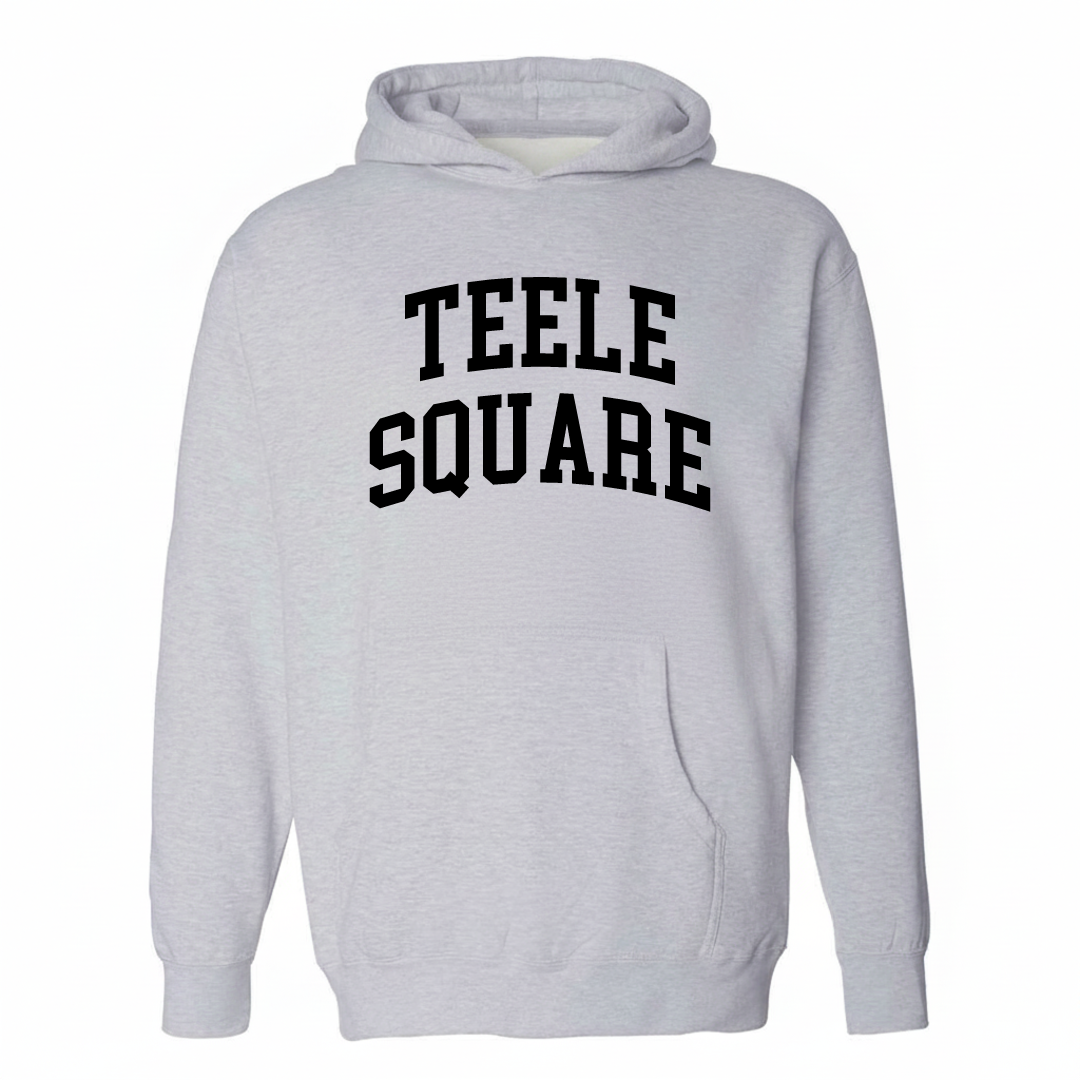 Heather-gray hoodie with the Teele Square varsity arched lettering design on the chest.
