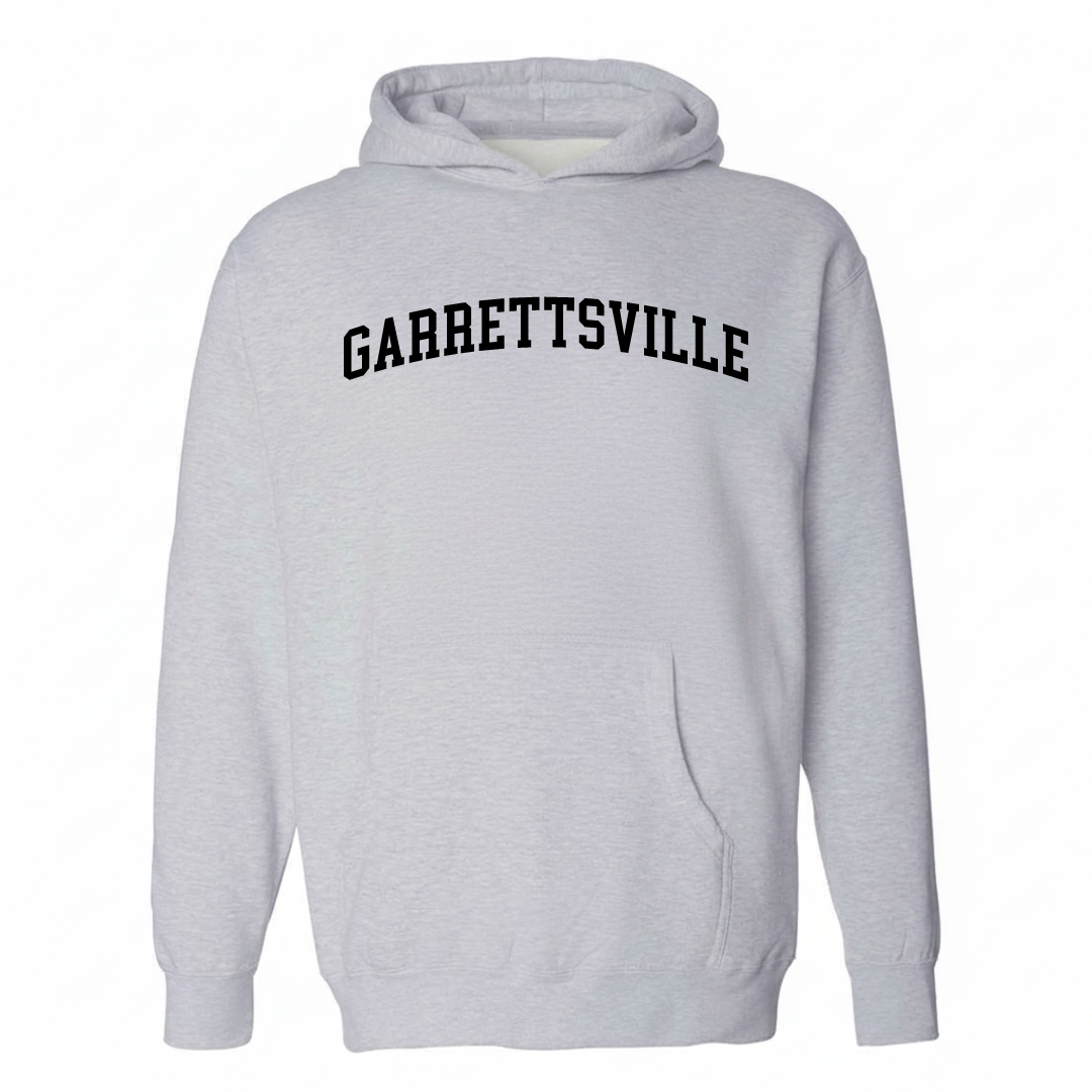 Heather-gray hoodie with the Garrettsville varsity arched lettering design on the chest.