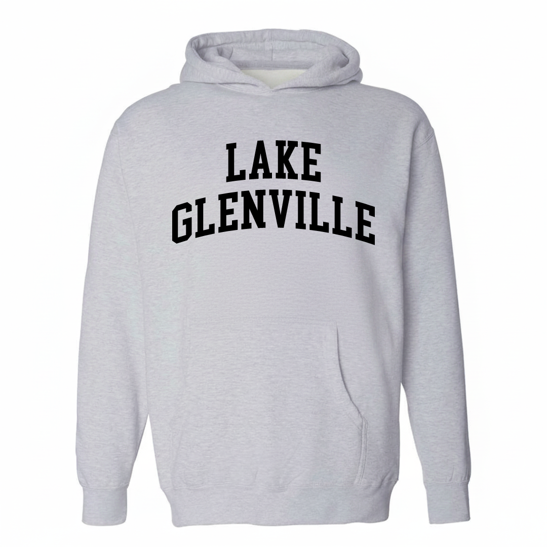 Heather-gray hoodie with the Lake Glenville varsity arched lettering design on the chest.