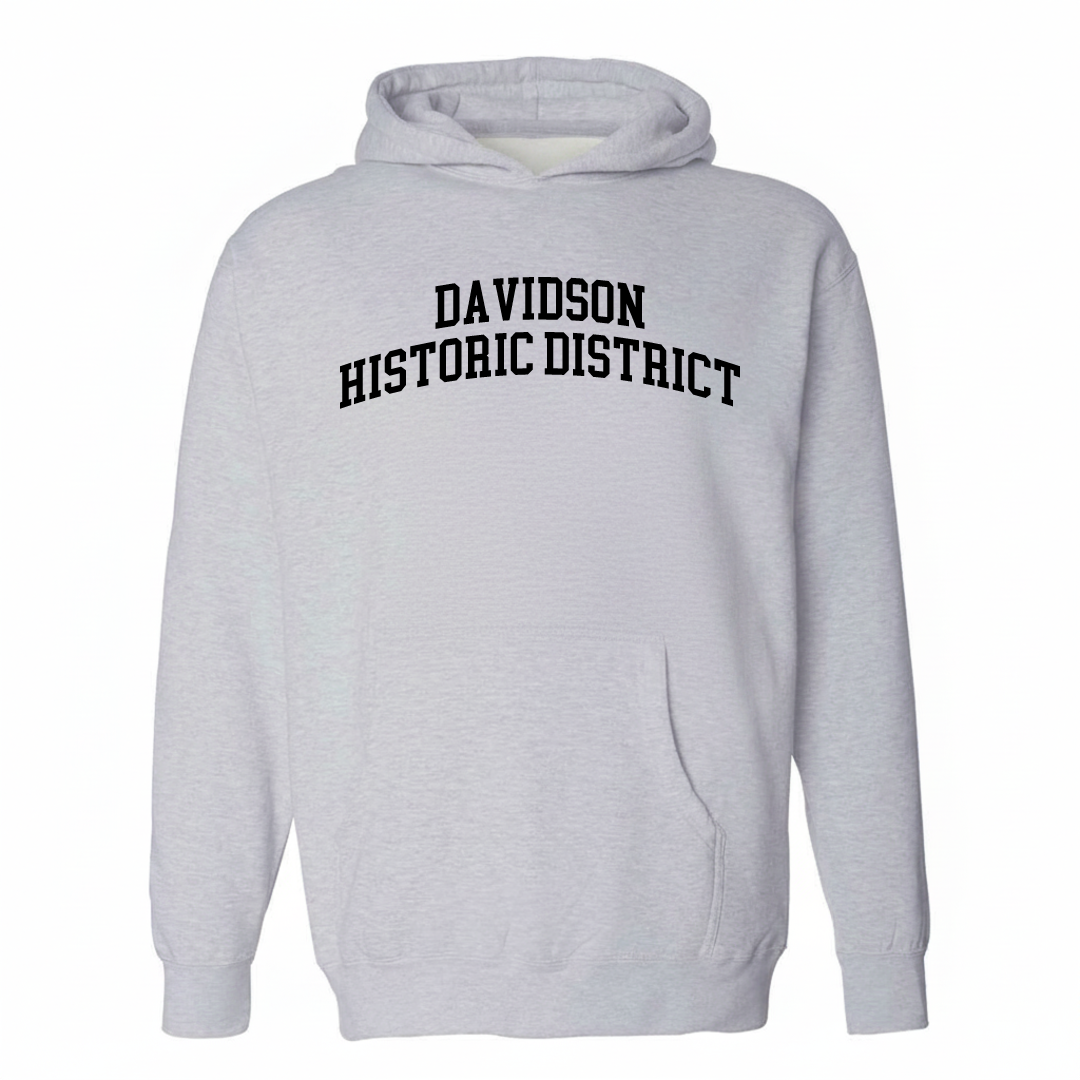 Heather-gray hoodie with the Davidson Historic District arched lettering design on the chest.