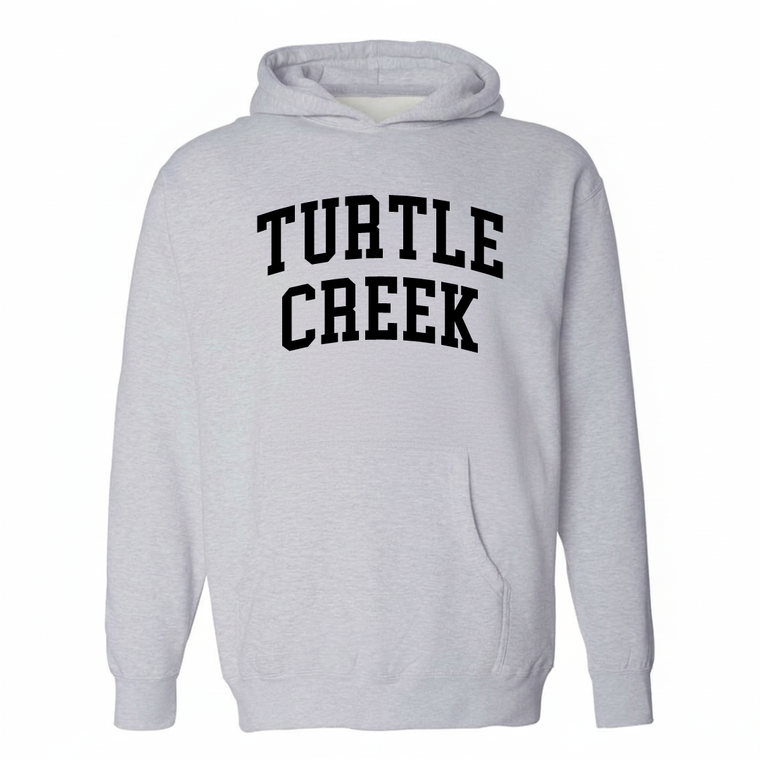 Heather-gray hoodie with the Turtle Creek arched varsity lettering design on the chest.