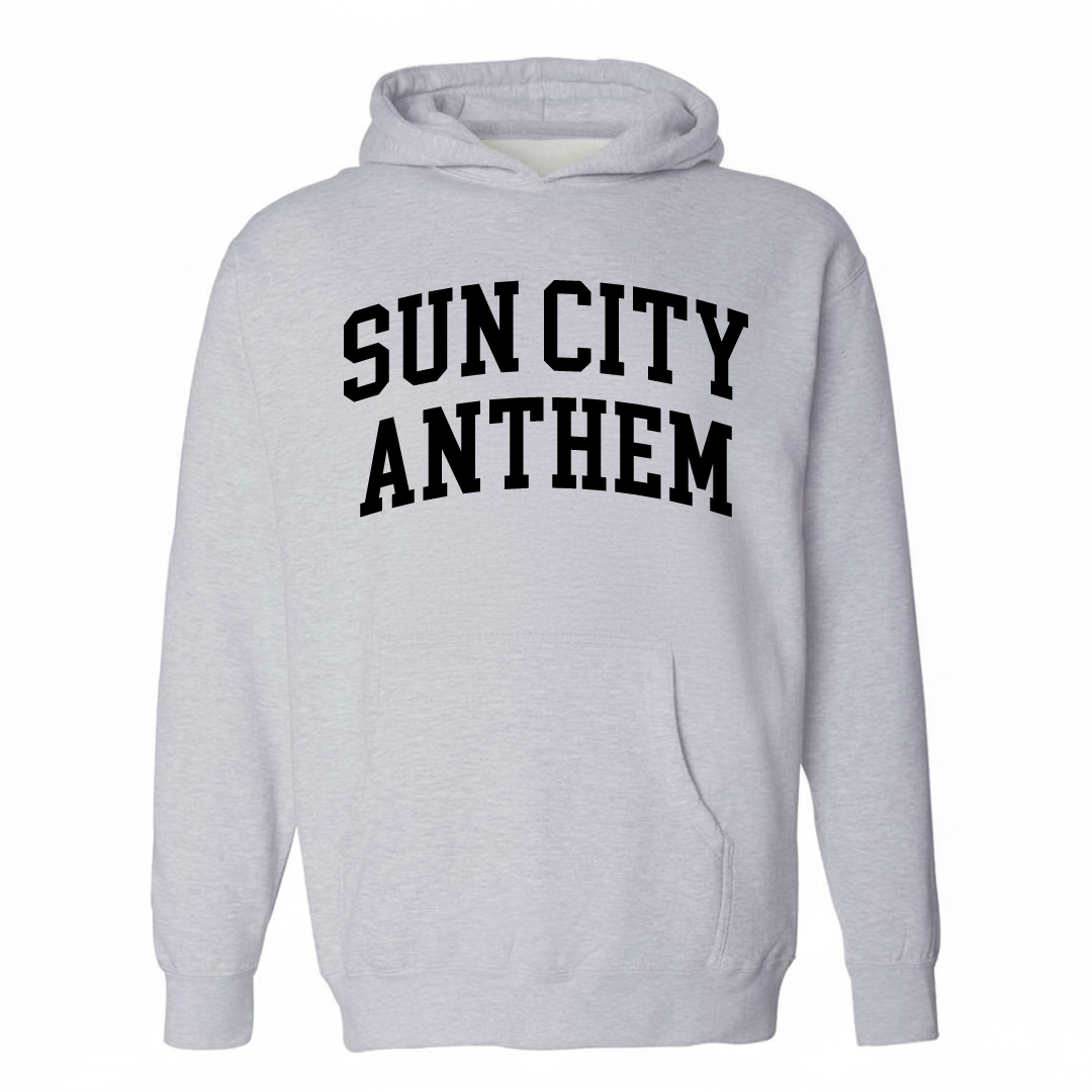 Heather-gray hoodie with the Sun City Anthem varsity arched lettering design on the chest.
