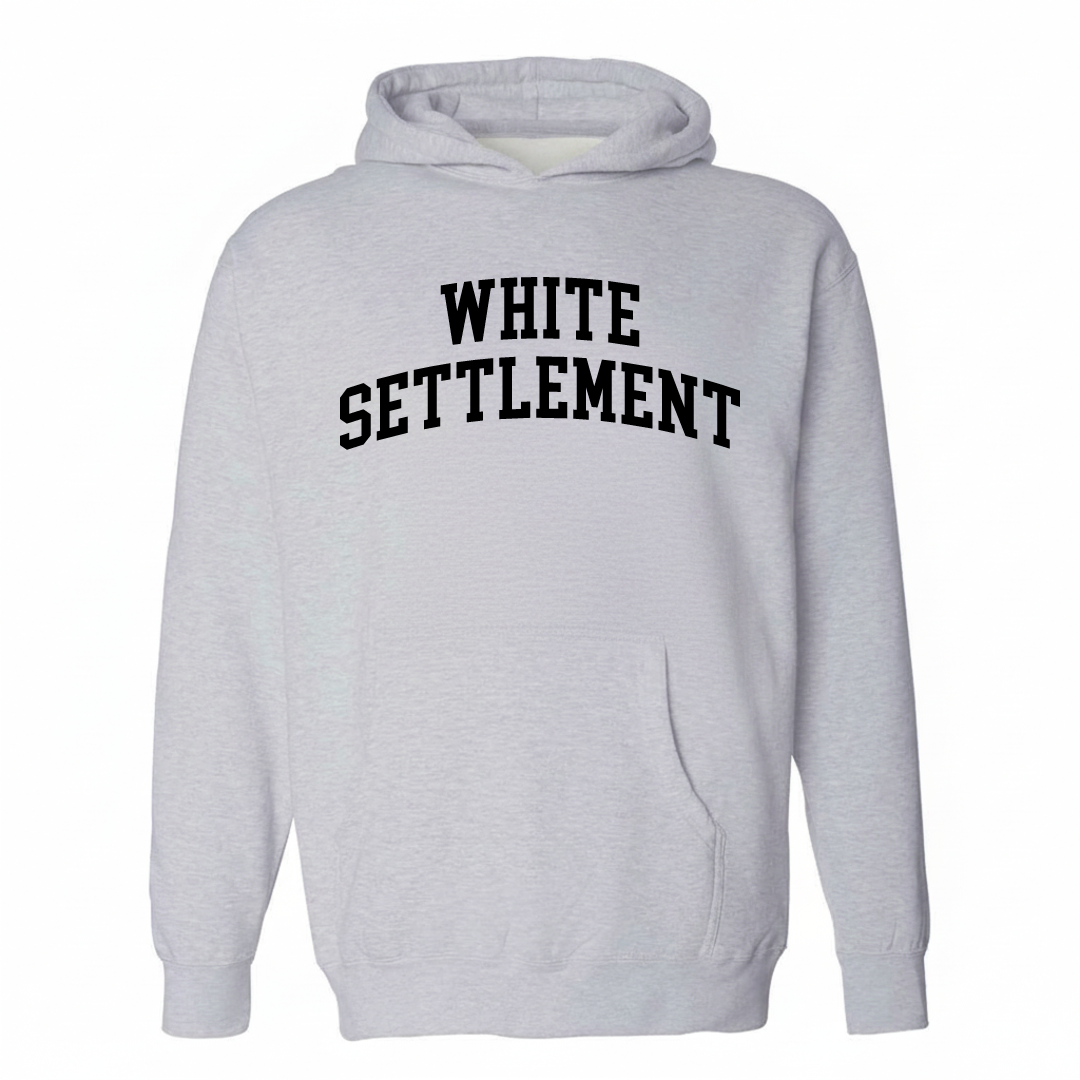 Heather-gray hoodie with the White Settlement varsity arched lettering design on the chest.