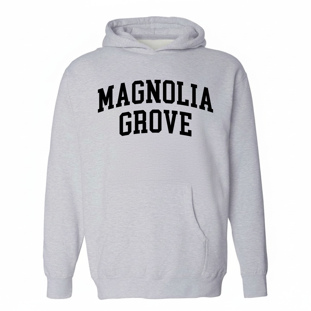 Heather-gray hoodie with the Magnolia Grove varsity arched lettering design on the chest.
