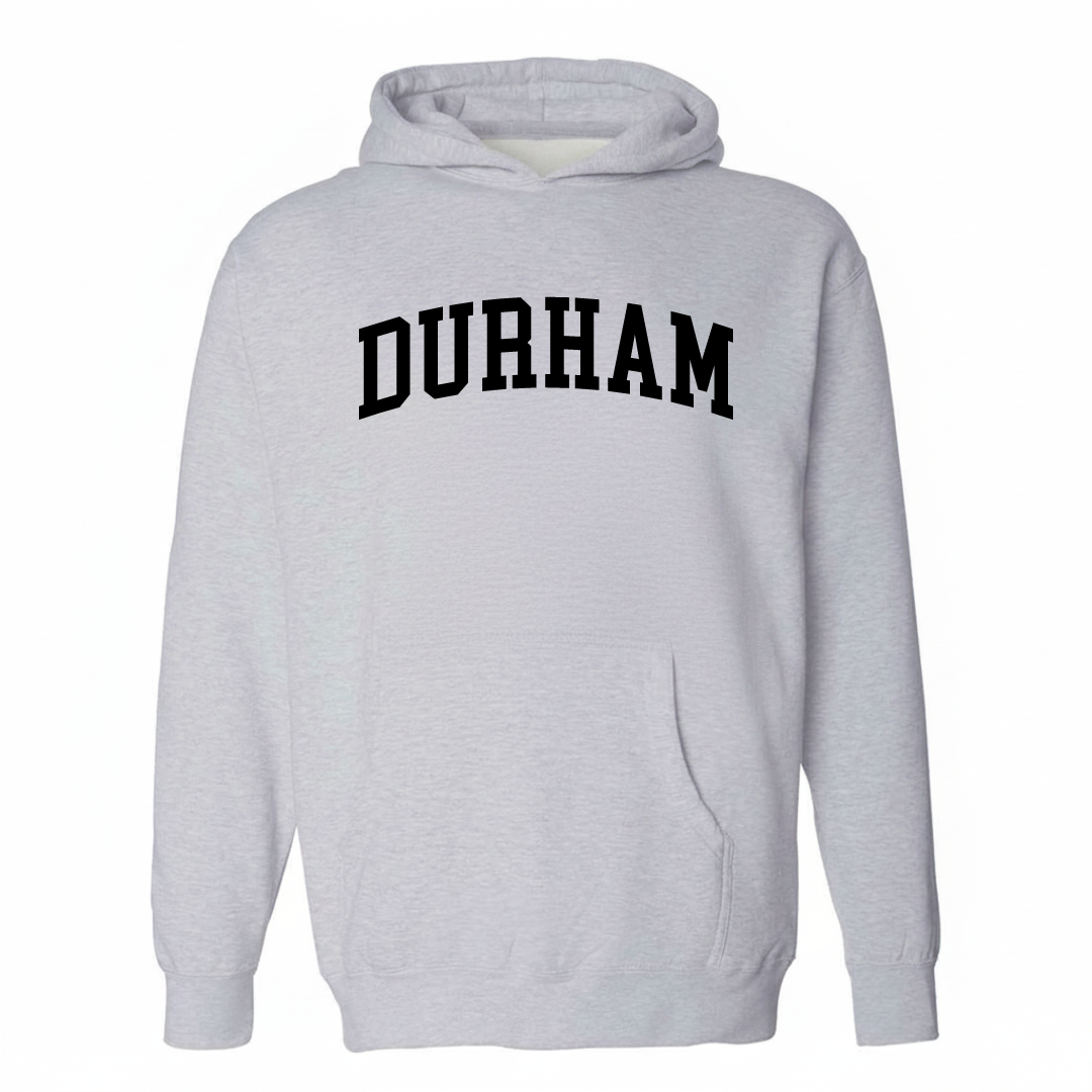 Heather-gray hoodie with the Durham Bull City varsity arched lettering design on the chest.