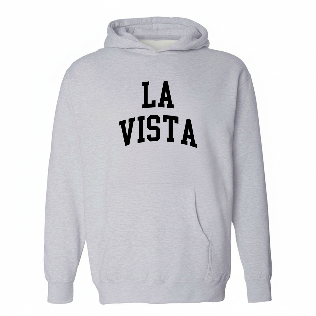 Heather-gray hoodie with the La Vista varsity arched lettering design on the chest.