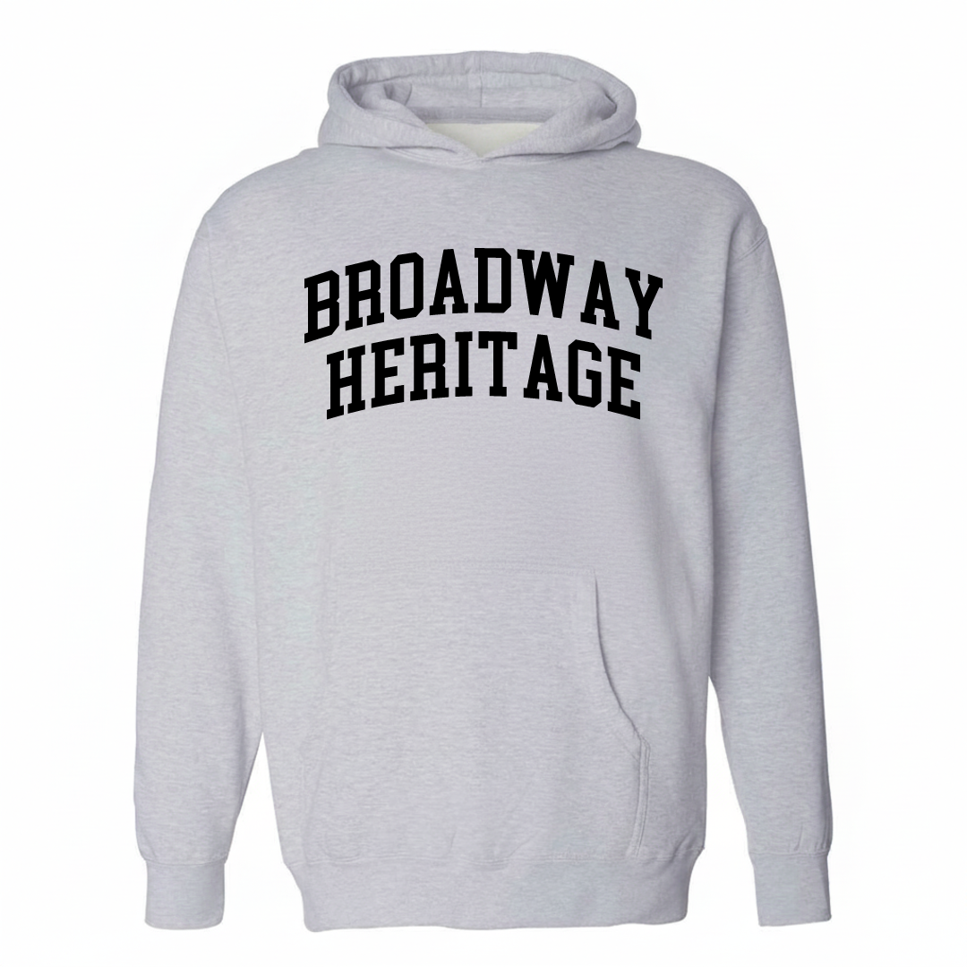 Heather-gray hoodie with the Broadway Heritage varsity arched lettering design on the chest.