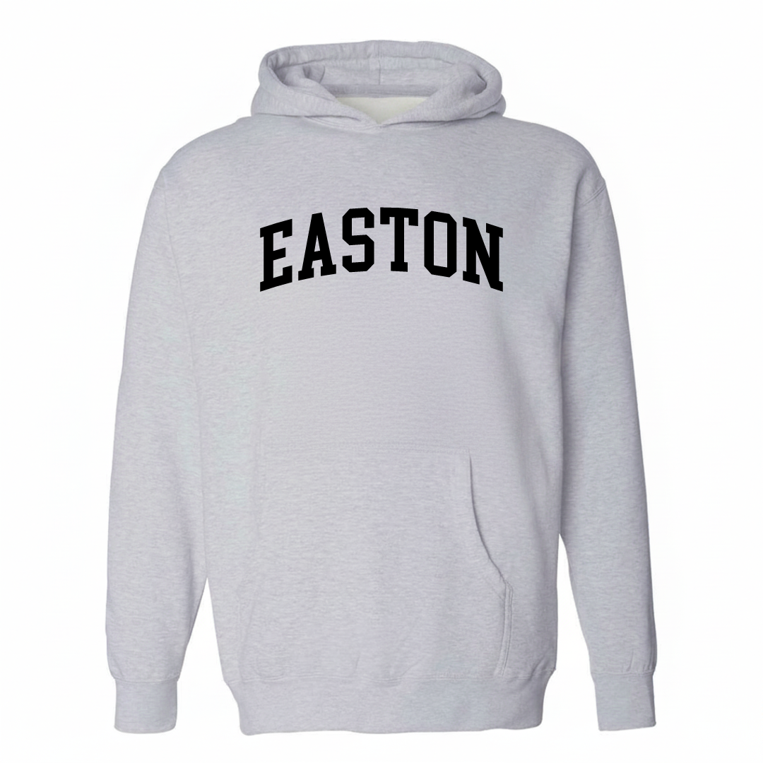 Heather-gray hoodie with the Easton arched varsity lettering design on the chest.