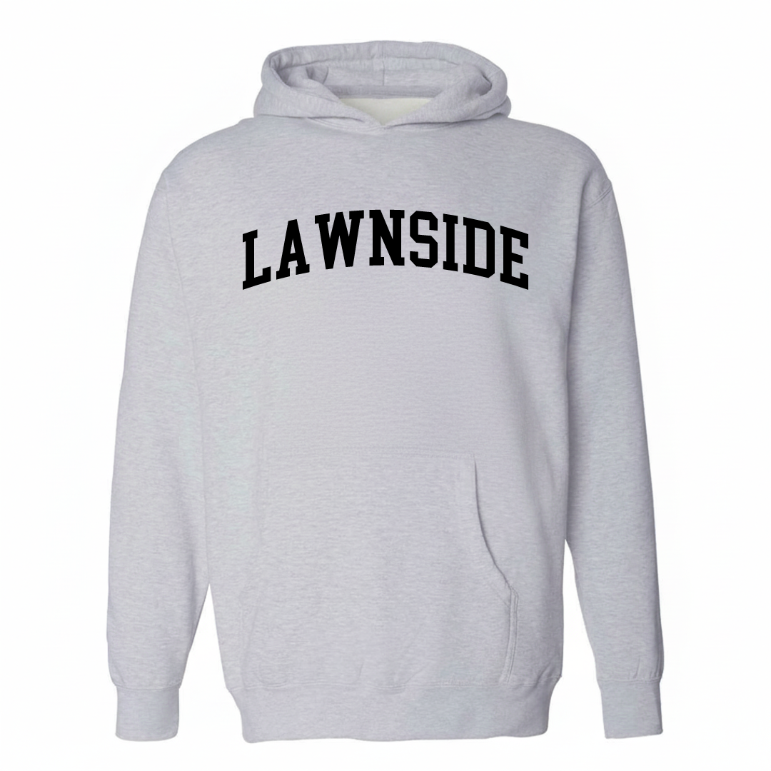 Heather-gray hoodie with the Lawnside varsity arched lettering design on the chest.