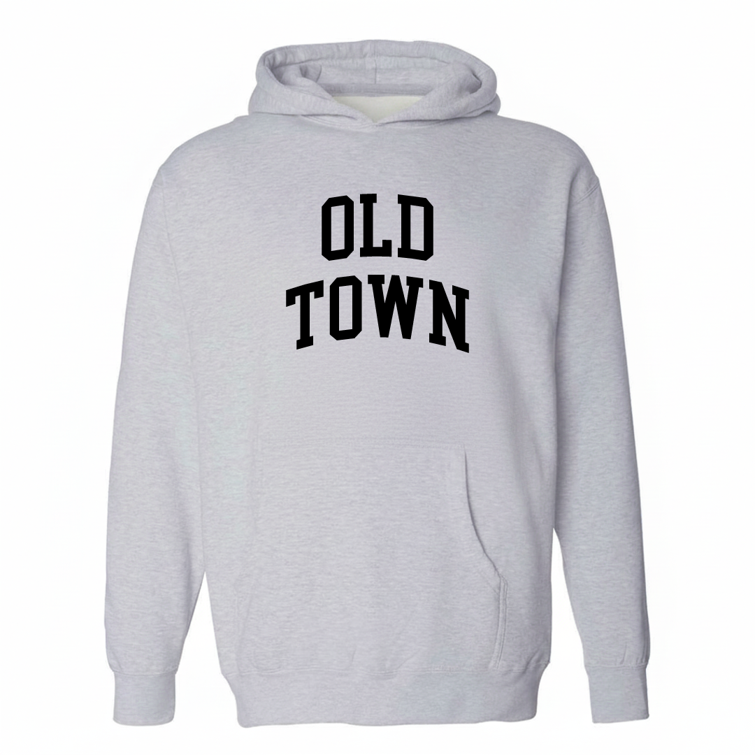 Heather-gray hoodie with the Old Town Huntsville varsity arched lettering design on the chest.