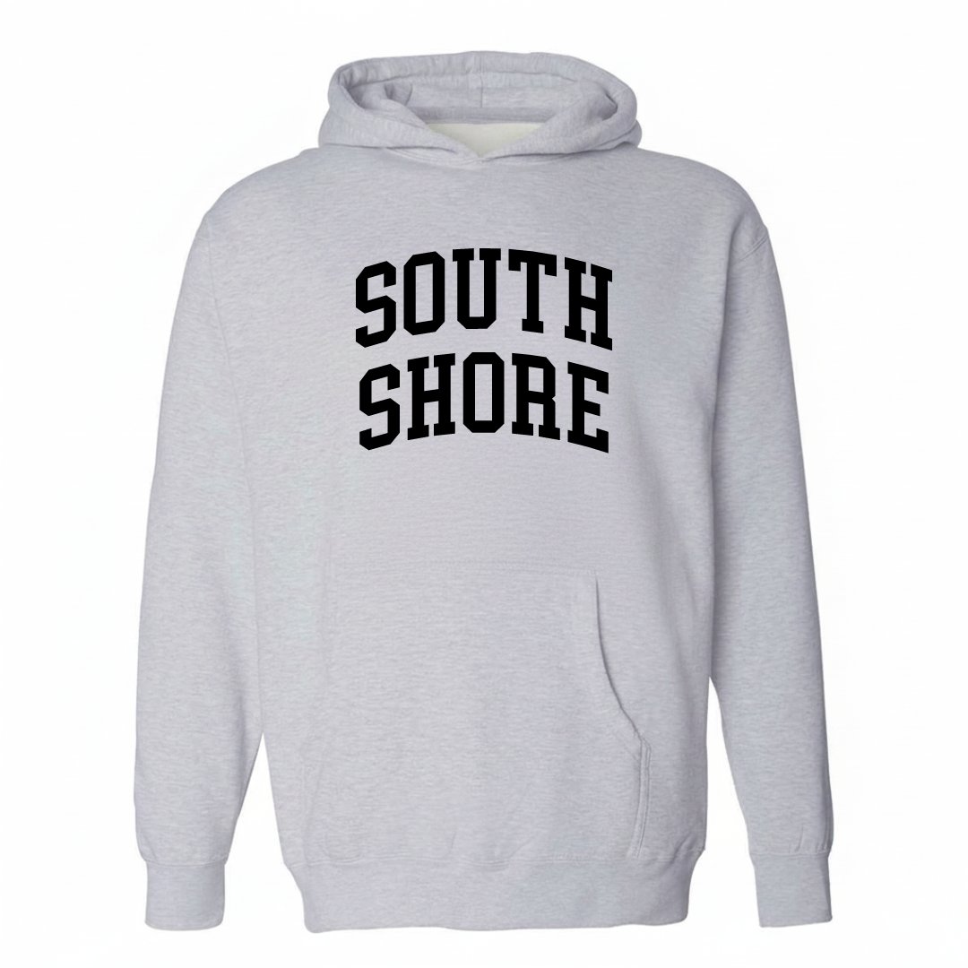 Heather-gray hoodie with the South Shore arched lettering varsity-collegiate design on the chest.