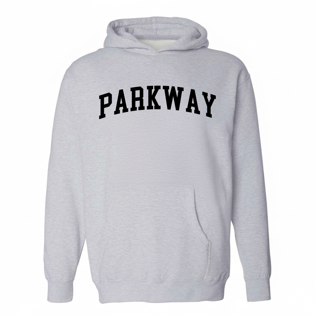 Heather-gray hoodie with the Parkway varsity arched lettering design on the chest.