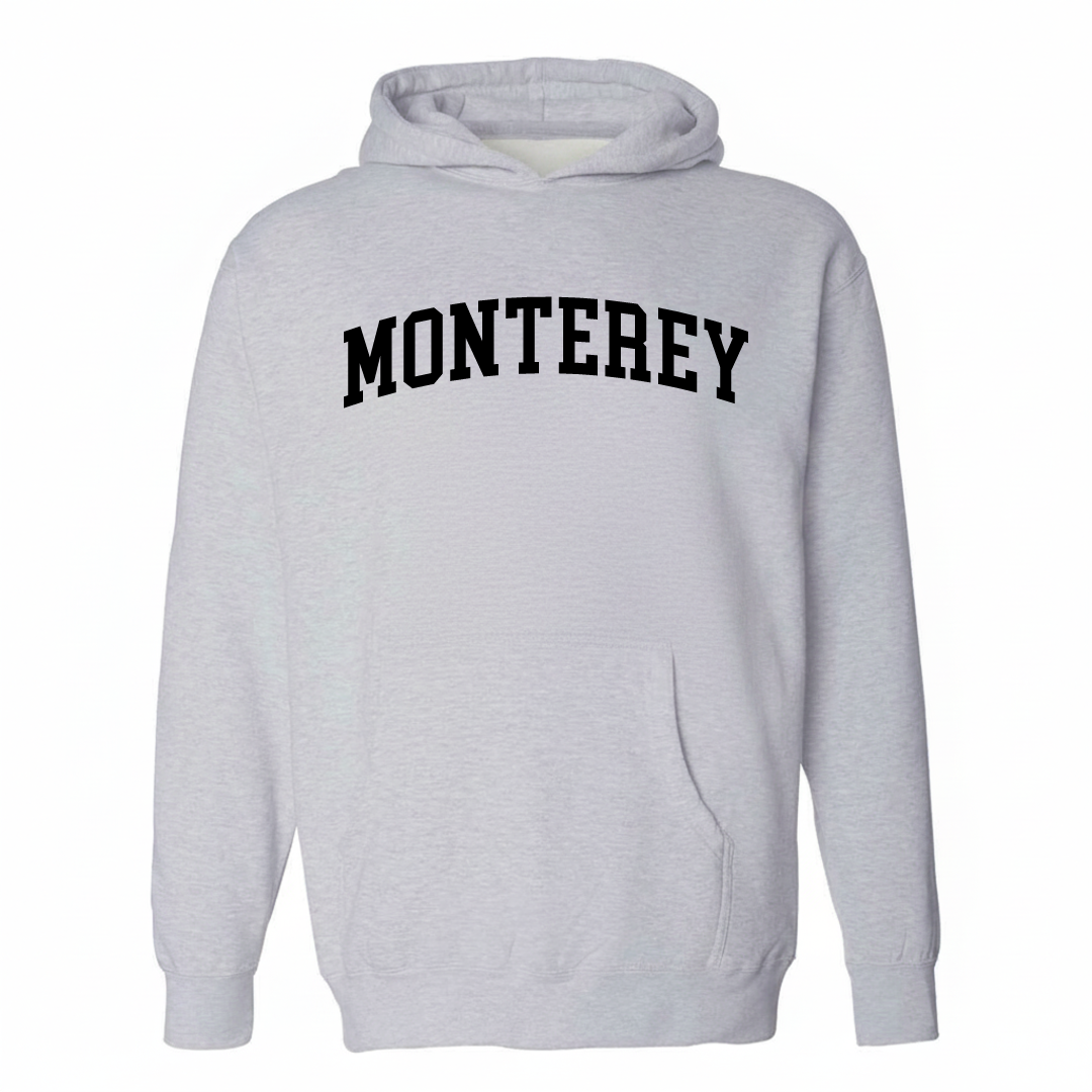 Heather-gray hoodie with the Monterey arched lettering varsity-collegiate design on the chest.