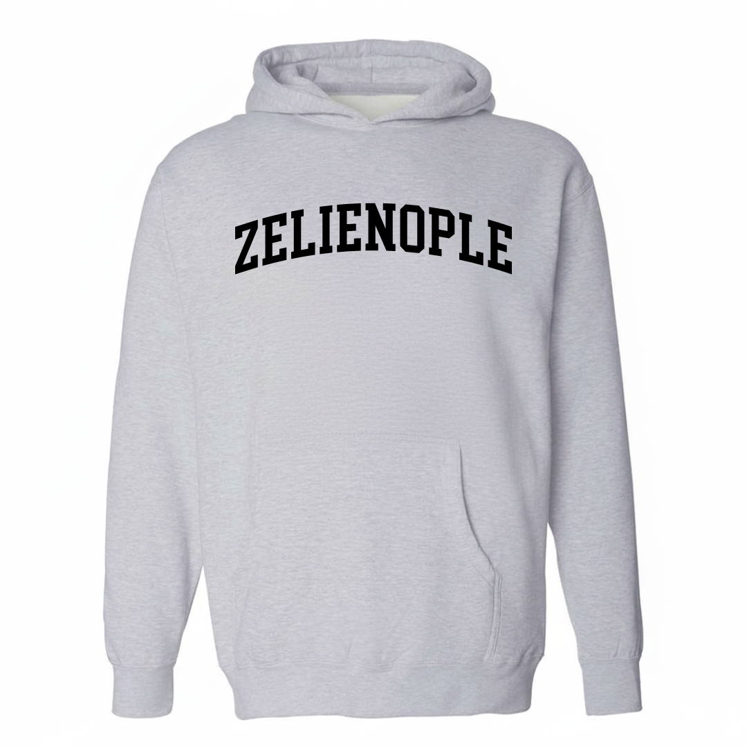 Heather-gray hoodie with the Zelienople varsity arched lettering design on the chest.